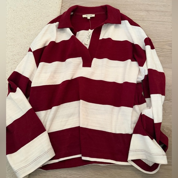 NWT Madewell Rugby Polo Tee Maroon / White Stripe Size Small - Picture 3 of 7